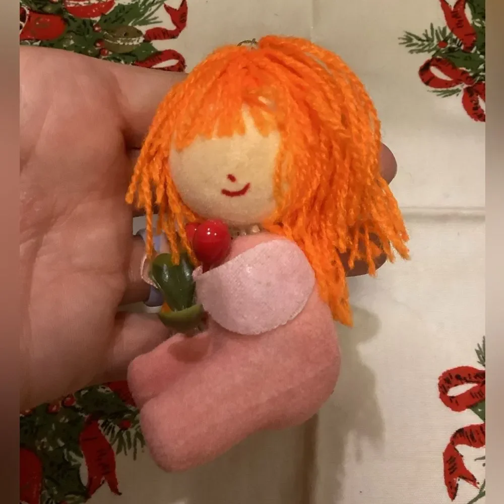 Vintage Angel & Doll Flocked Christmas Ornaments Set MCM Yarn Hair Foam Body